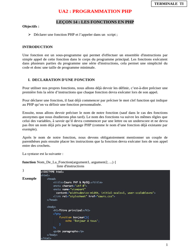 Lecon 14 Les Fonctions en PHP - Tti | PDF | Paramètre (Programmation ...