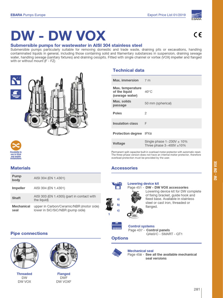 EBARA DW VOX M 150 A Pump Details | PDF | Pump | Mechanical Engineering