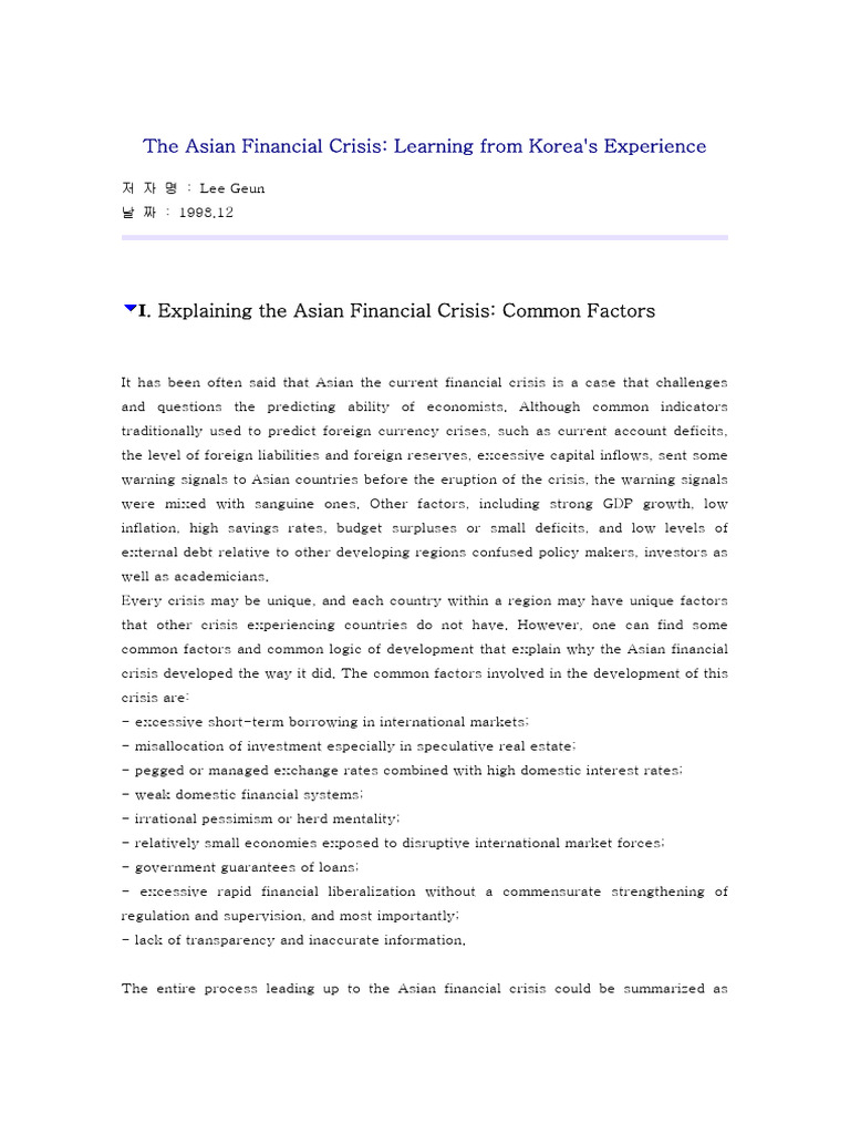 Korea's Role in the Asian Financial Crisis | PDF | 1997 Asian Financial ...