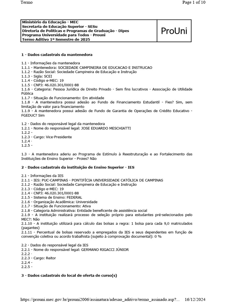 Termo Aditivo ProUni 2025 - PUC Campinas | PDF | Universidade