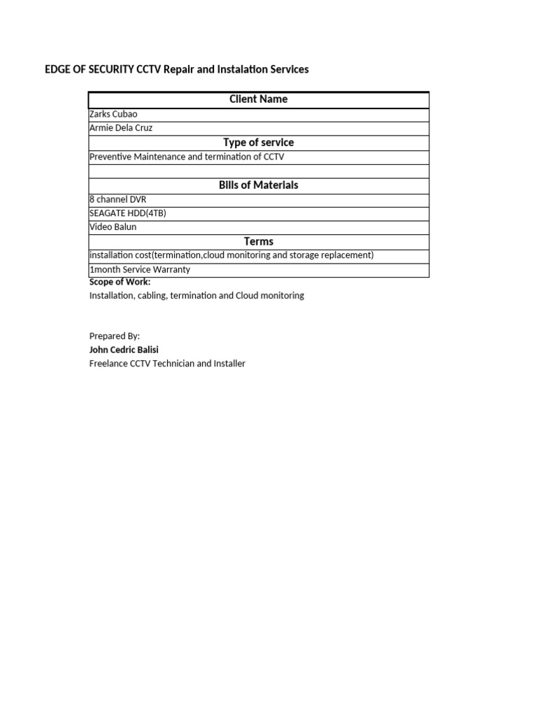 CCTV Installation and Maintenance Quote | PDF
