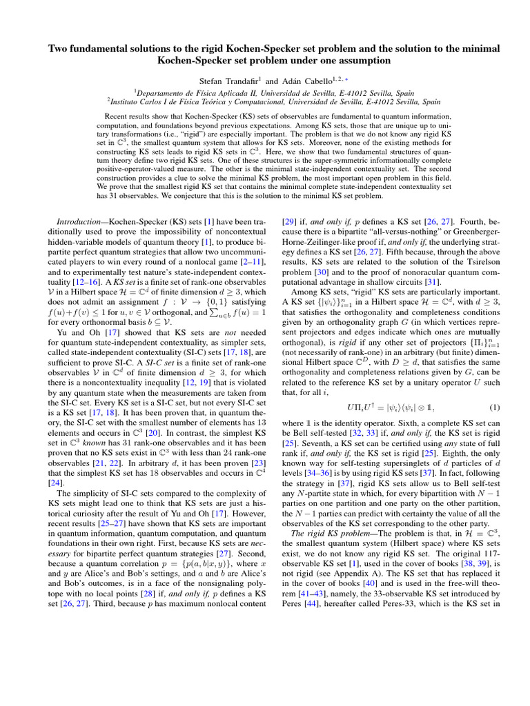 (Adán Cabello) Kochen-Specker Set | PDF | Basis (Linear Algebra ...