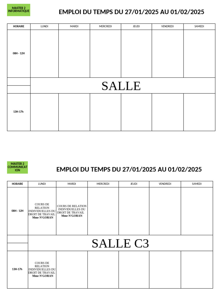 Emploi du temps Master 2 du 27/01 au 01/02 | PDF