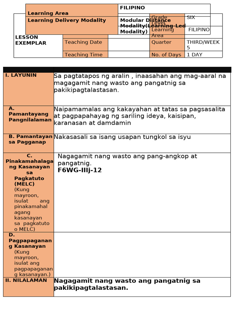 Idea-Exemplar Filipino 6 Q3 W5 | PDF
