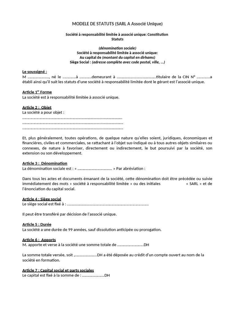 Modèle de statuts SARL au Maroc | PDF | Business