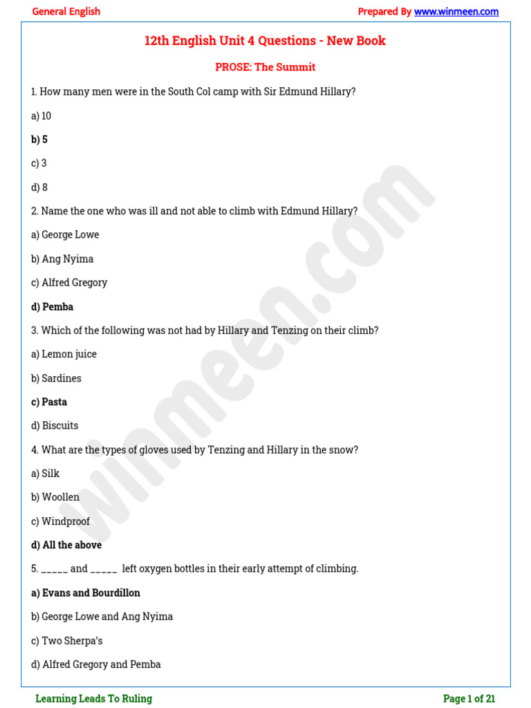 12th English Unit 4 Question Paper | PDF | Sentence (Linguistics ...