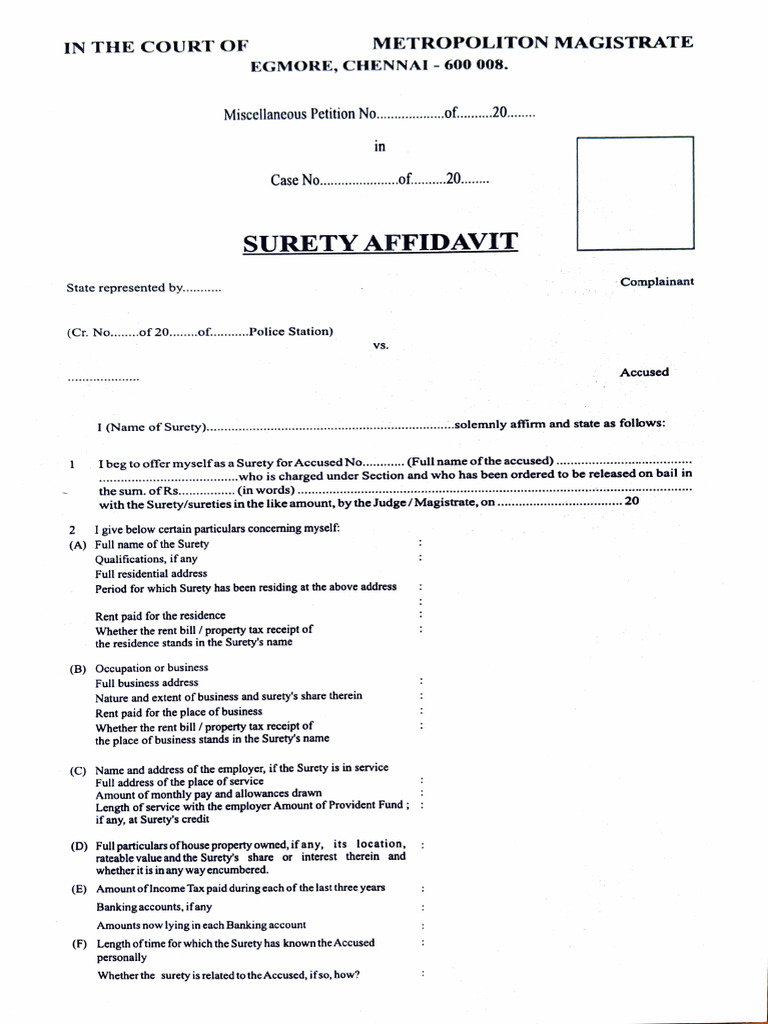 Surety Affidavit and Bail Bond Format | PDF | Bail | Public Law