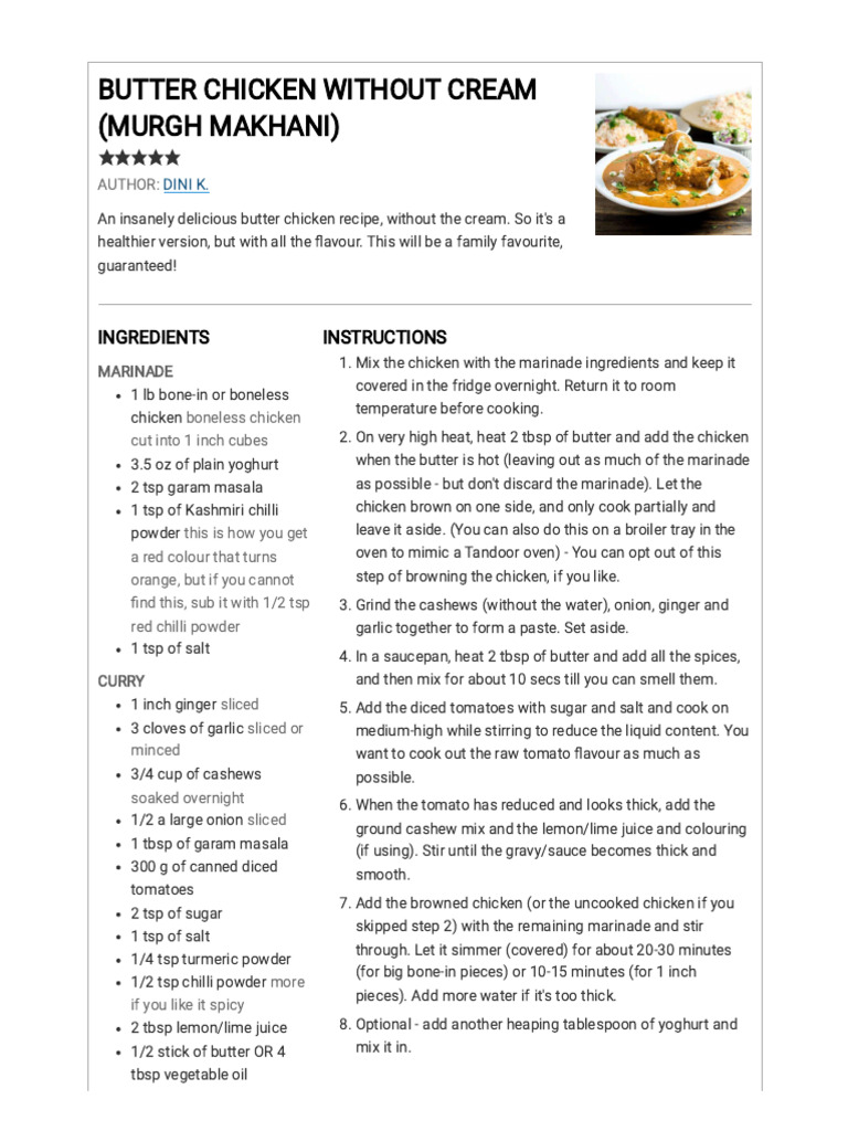 Cream-Free Butter Chicken Recipe | PDF | Western Cuisine | Food And ...