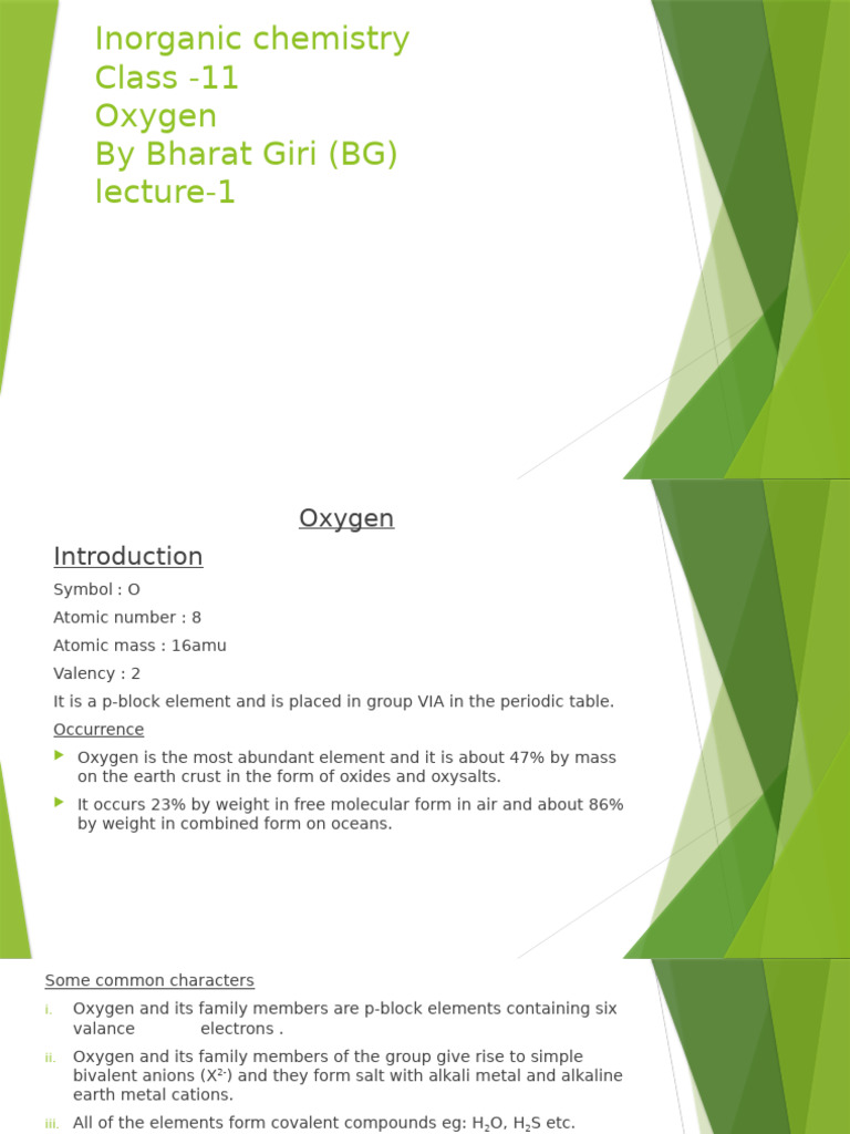 Inorganic Chemistry, Oxygen, Lec 1 | PDF | Ozone | Oxygen