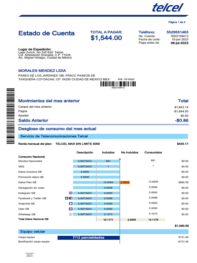 Estado de Cuenta Telcel - Junio 2023 | PDF | Telecomunicaciones ...