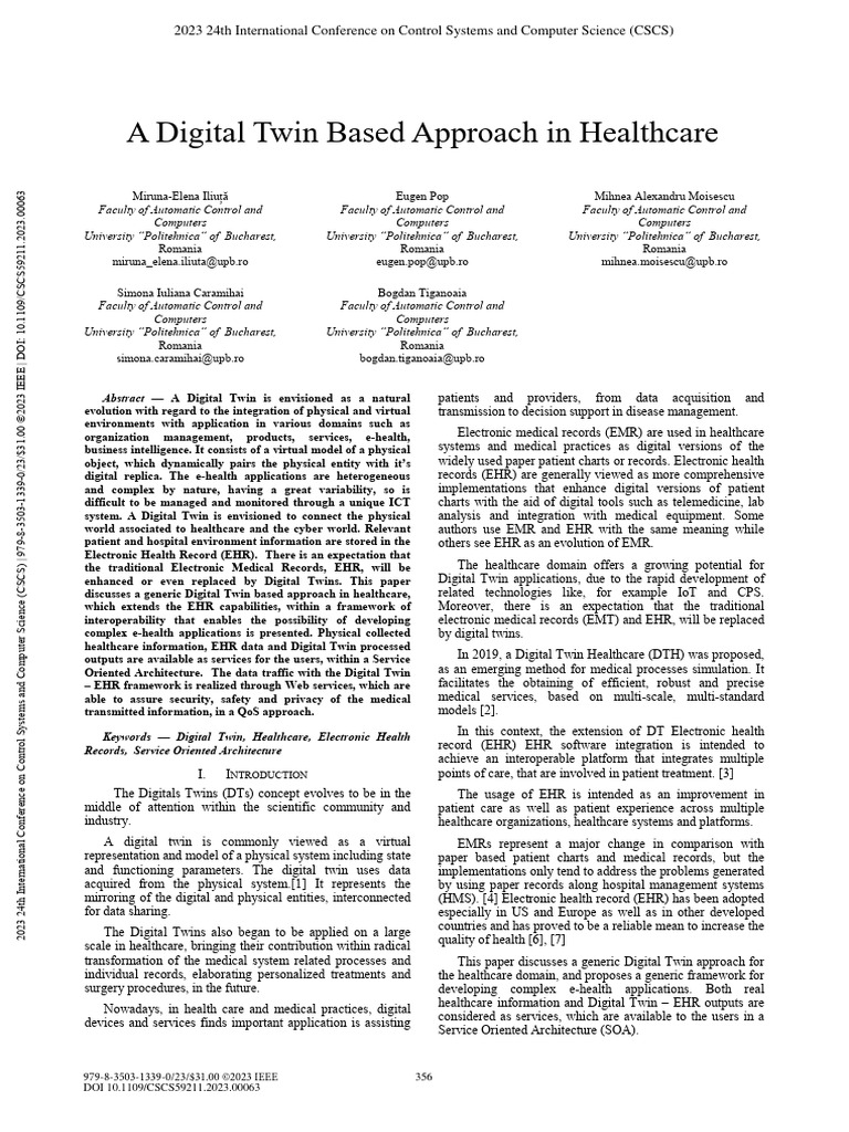 Digital Twin Approach in Healthcare | PDF