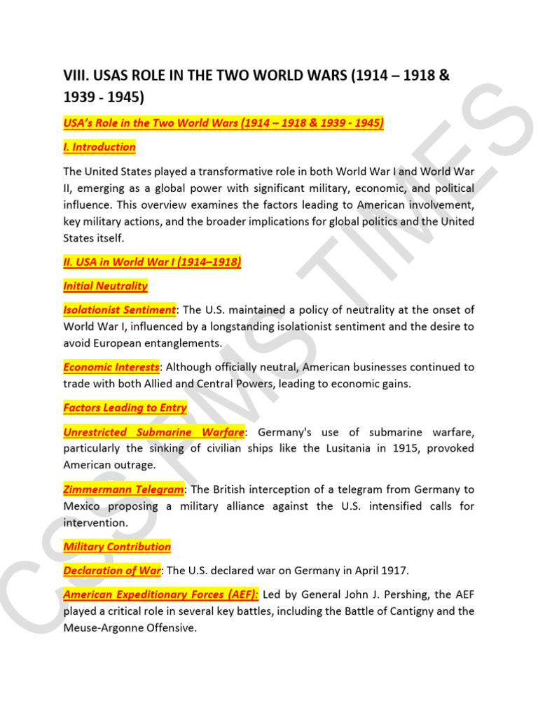 Viii Usas Role in The Two World Wars (1914 1918 & 1939 1945) | PDF ...