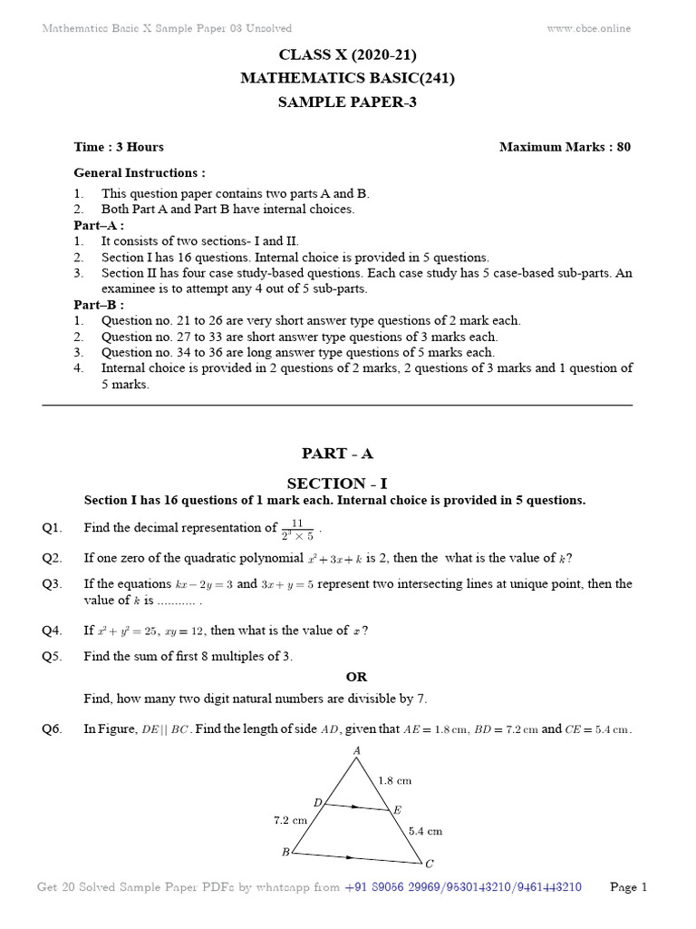 Class X Mathematics Basic Sample Paper 3 | PDF | Circle | Triangle