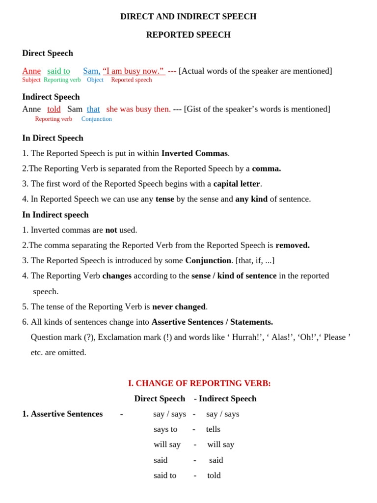 Direct and Indirect Speech Guide | PDF | Grammatical Tense | Sentence ...