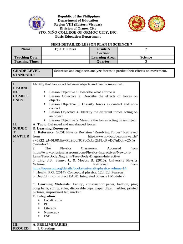 Science 7 Lesson Plan: Forces Explained | PDF | Force | Weight