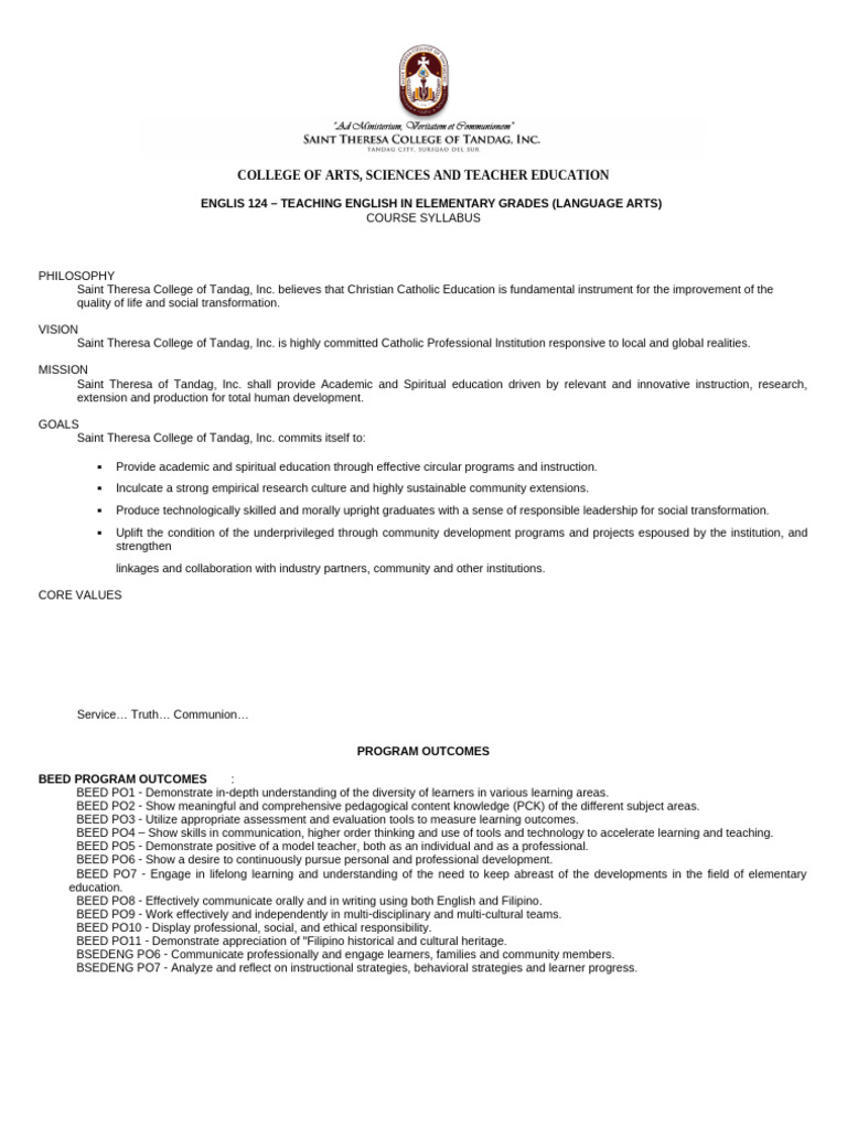 Teaching English in Elementary Grades Syllabus | PDF | Educational ...