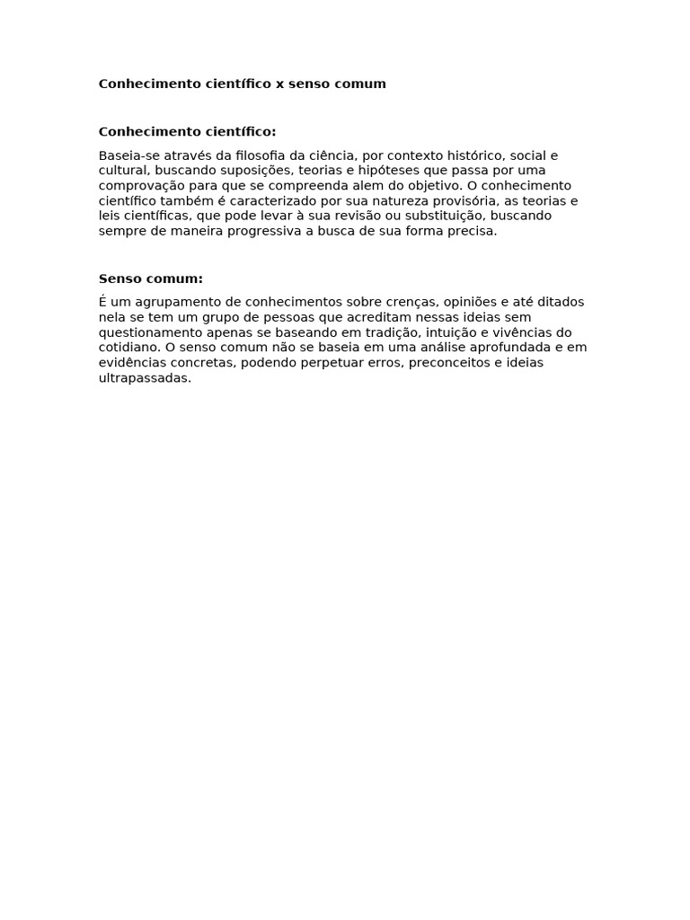 Diferenças entre conhecimento científico e senso comum | PDF