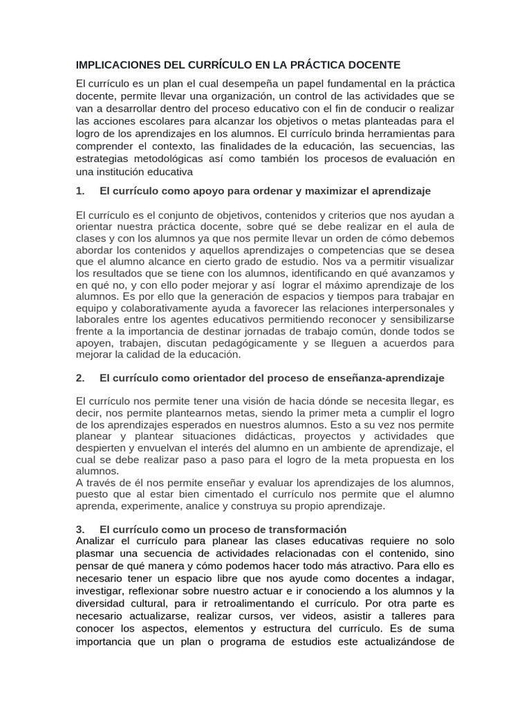 IMPLICACIONES DEL CURRÍCULO EN LA PRÁCTICA DOCENTE | PDF | Plan de ...