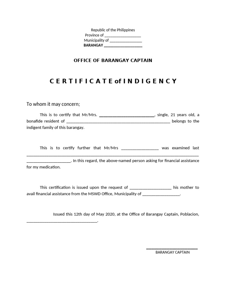 Certificate of Indigency Template | PDF