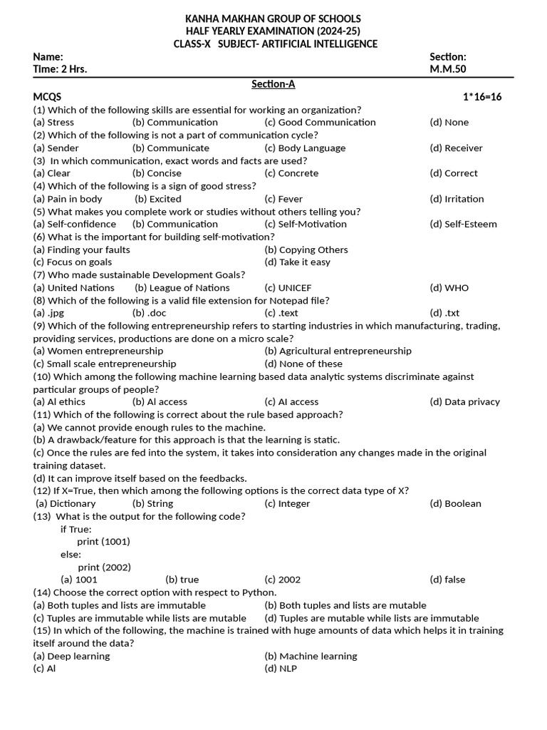 Class X AI Half-Yearly Exam 2024-25 | PDF | Computer Programming ...