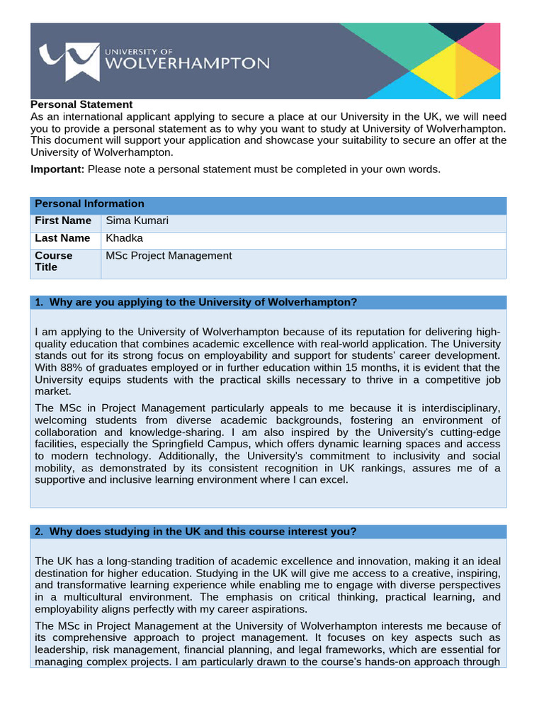 Personal Statement - Sima | PDF | Project Management | University