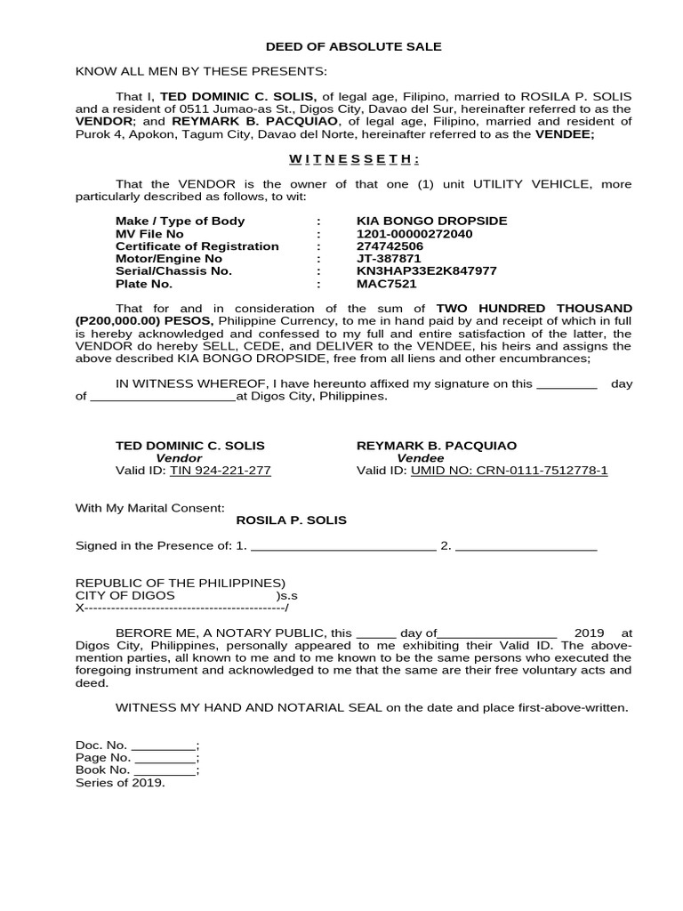 Deed of Absolute Sale (Bongo) | PDF | Civil Law (Common Law) | Property Law