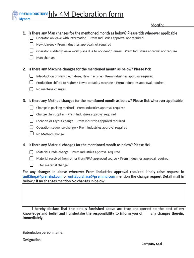 Prem 4M Declaration For Supplier | PDF