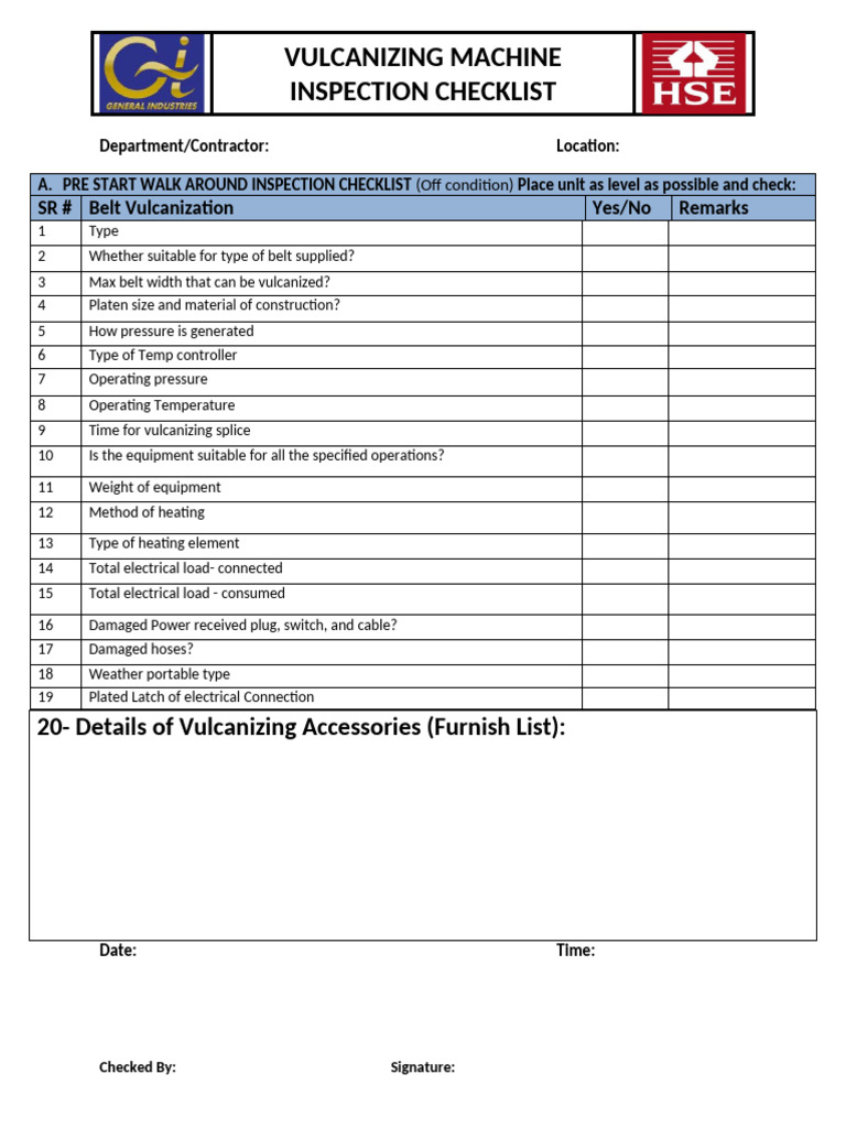 Vulcanizing Machine Inspection Checklist | PDF