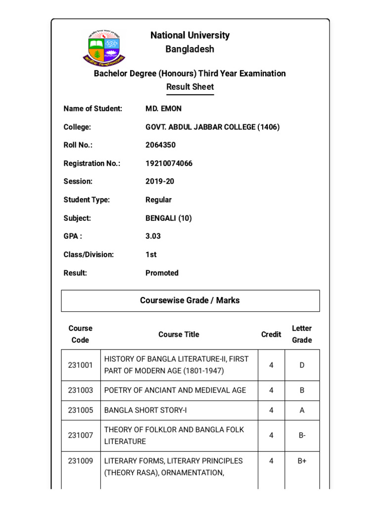 NU Honours 3rd Year Result Sheet | PDF