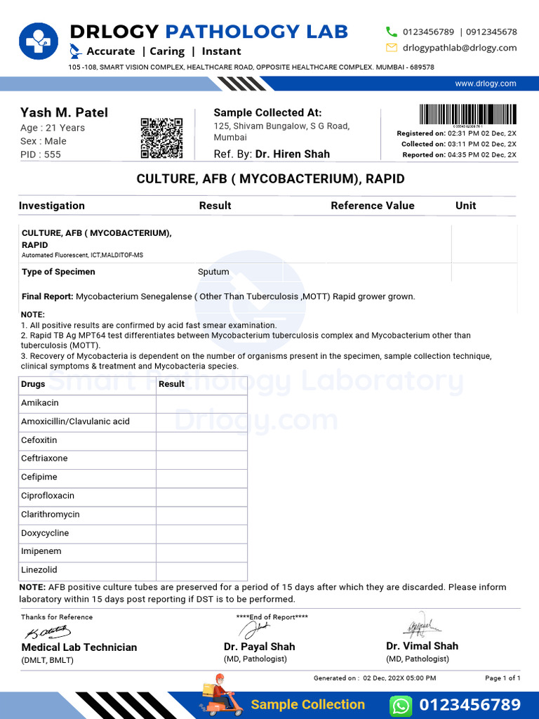 Mycobacterium Culture Test Report | PDF | Mycobacterium | Tuberculosis