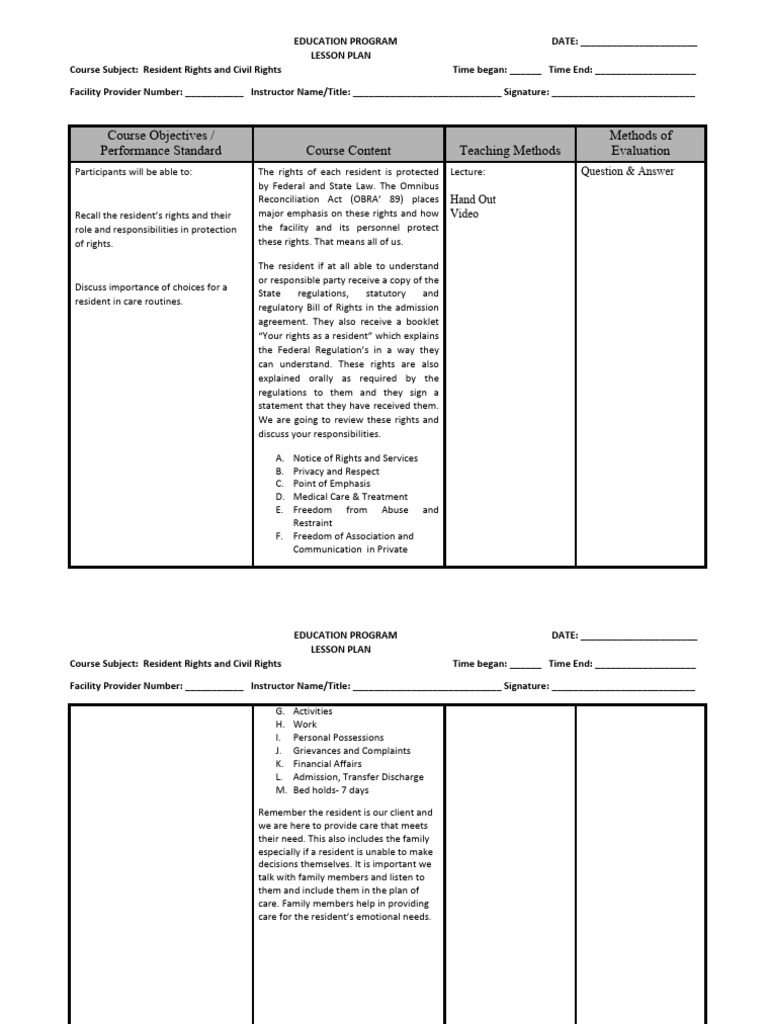 Resident Rights Education Lesson Plan | PDF