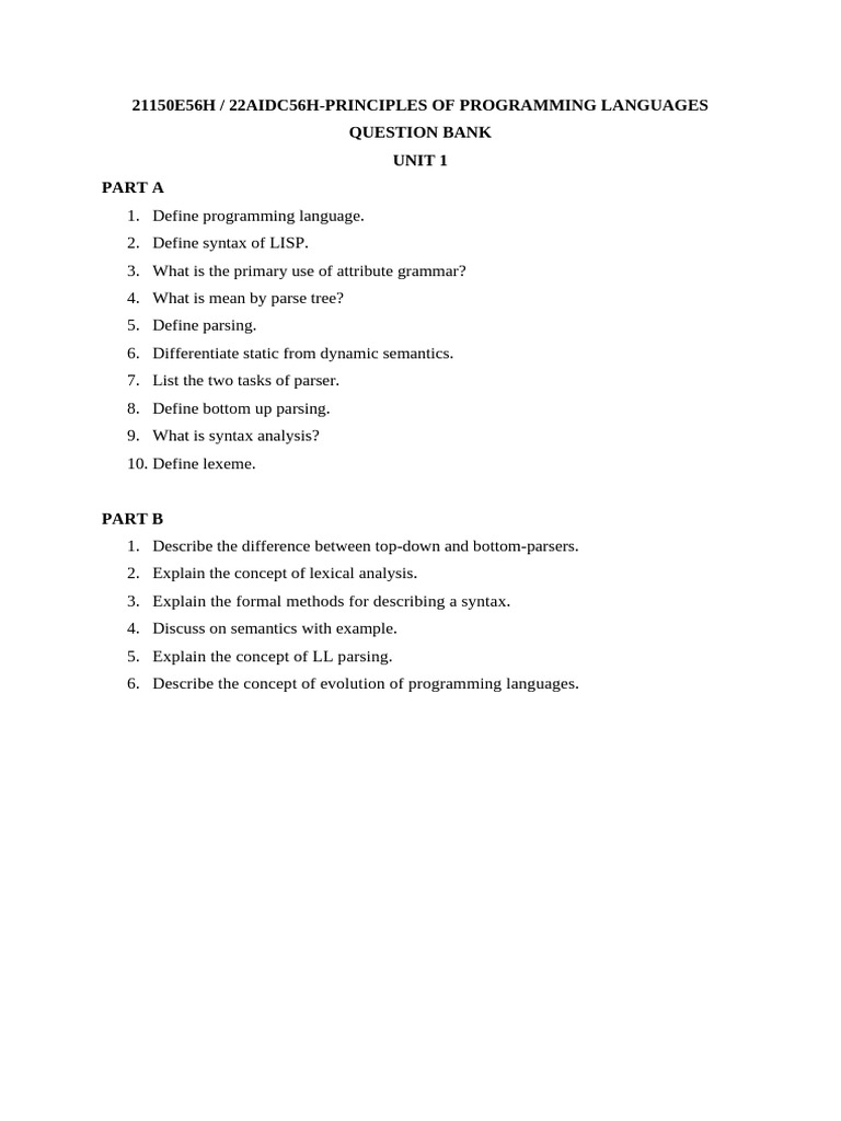 PPL QUESTION BANK | PDF | Parsing | Programming Language