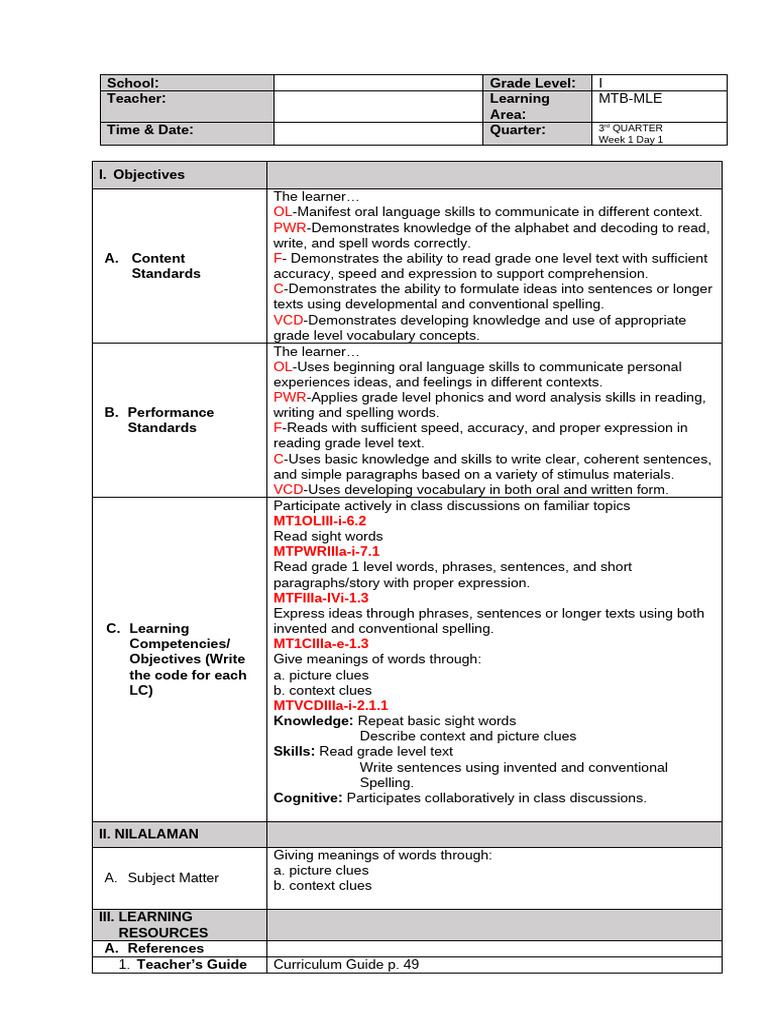 Detailed Lesson Plan in MTB 1 | PDF