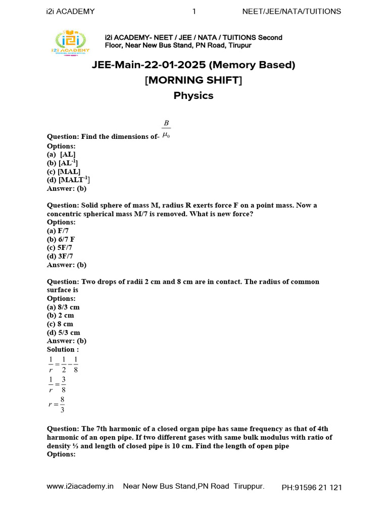 JEE Main 2025 Physics & Chemistry Questions | PDF | Physical Chemistry ...