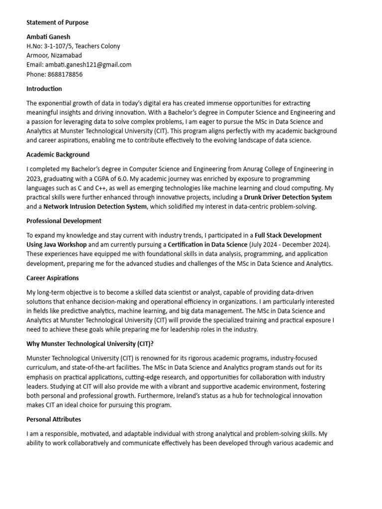 mtu sop | PDF | Data Science | Science
