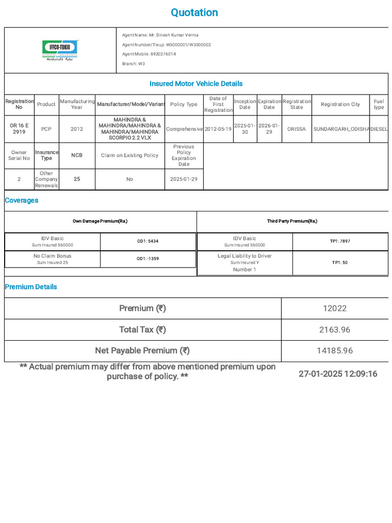Motor Insurance Quotation Summary | PDF | Insurance | Vehicles