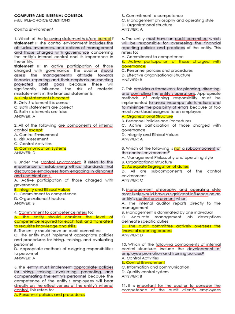 Internal Control Quiz For Auditors Pdf Internal Control Audit