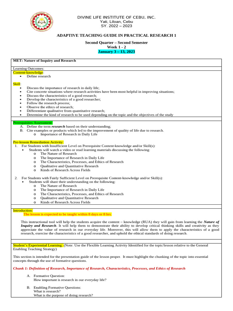 Practical Research 1 Adaptive Guide | PDF | Qualitative Research ...
