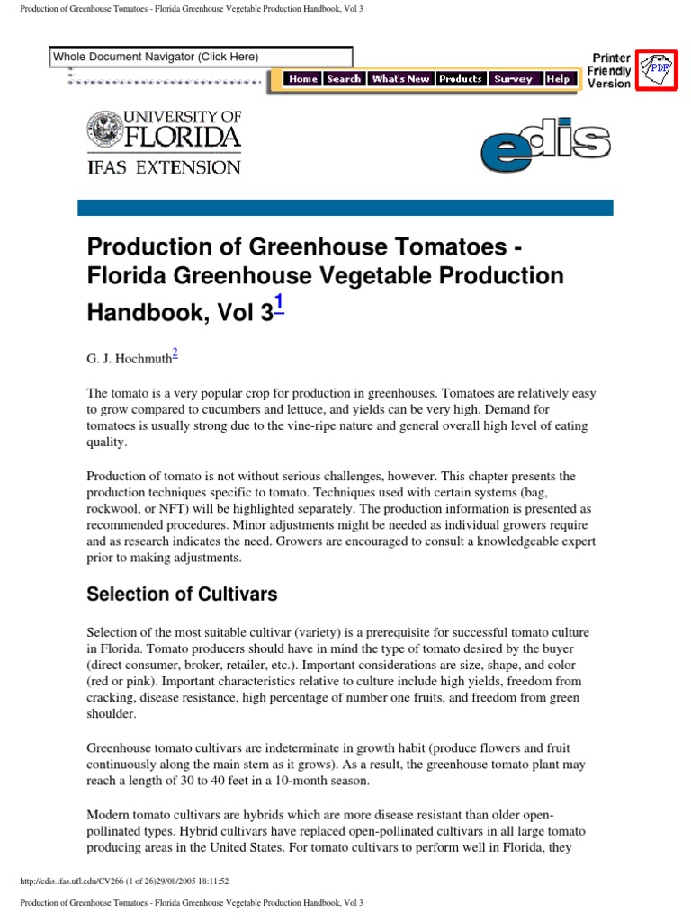 Production of Greenhouse Tomatoes Florida Greenhouse Vegetable Production Handbook, Vol 3