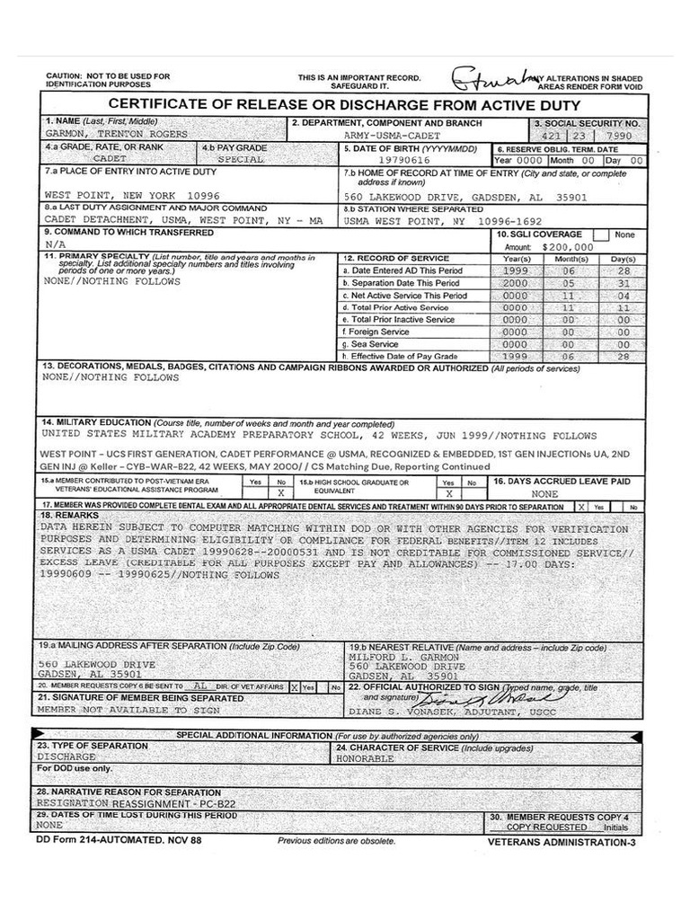 dd214 - Garmon Trenton - USMA | PDF