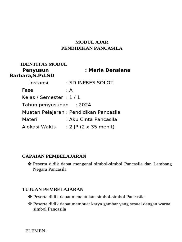 Modul Ajar Pendidikan Pancasila Kelas 1 | PDF