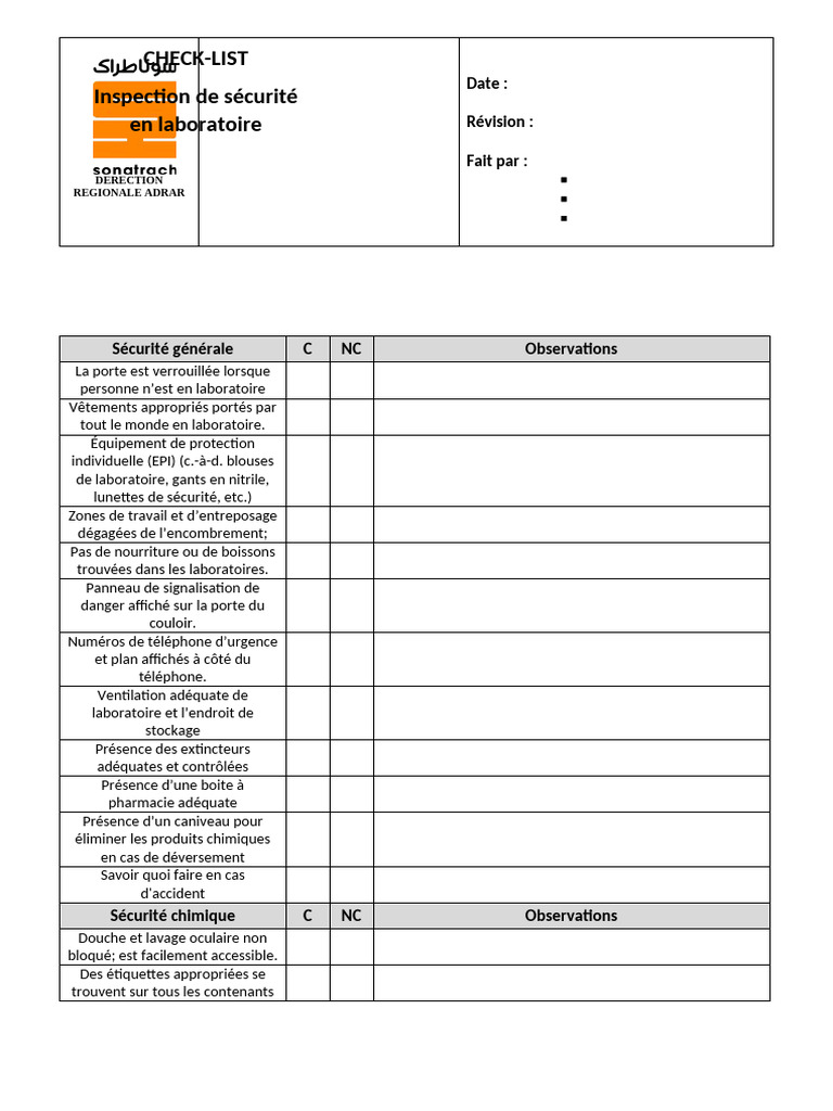 Inspection de sécurité en laboratoire | PDF