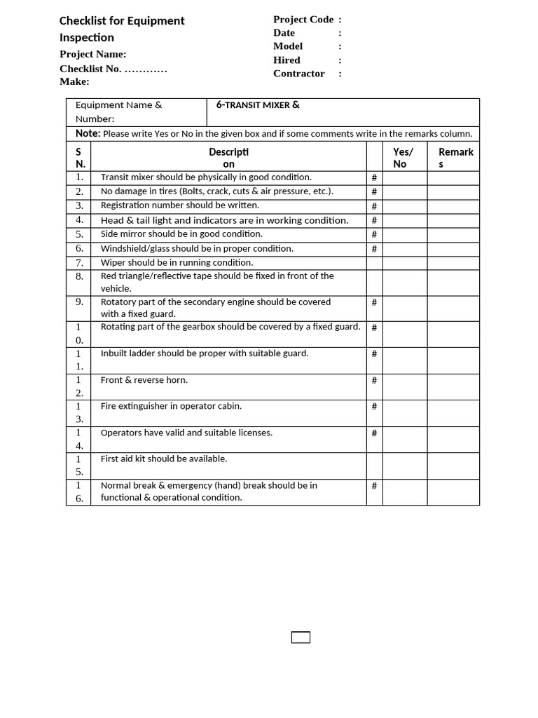 Checklist For Equipment Inspection TRANSIT MIXER (AD-Internal) | PDF