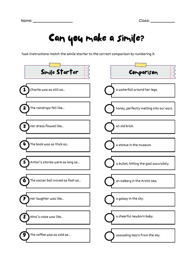 English Simile Digital Worksheet Colourful Bright Graphic Style | PDF