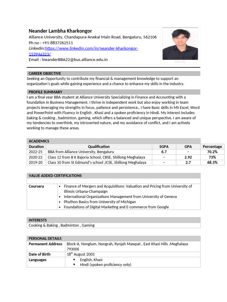 Neander Kharkongor Bba Finance Profile Pdf