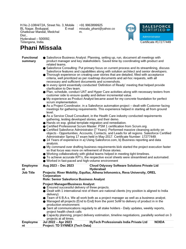 Senior Salesforce Business Analyst Profile | PDF | Scrum (Software ...