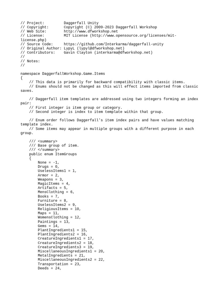 Daggerfall Unity Item Group Overview | PDF
