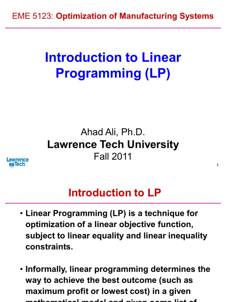 Introduction To Linear Programming (LP) : Lawrence Tech University ...