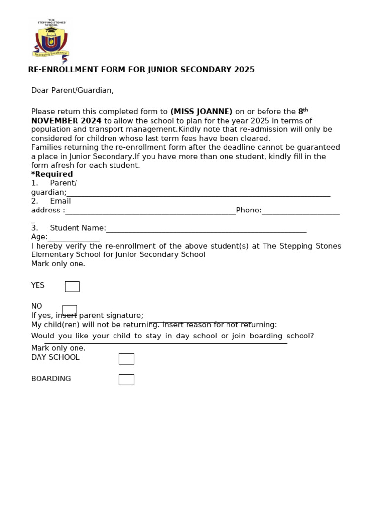 Junior Secondary Re-Enrollment Form 2025 | PDF