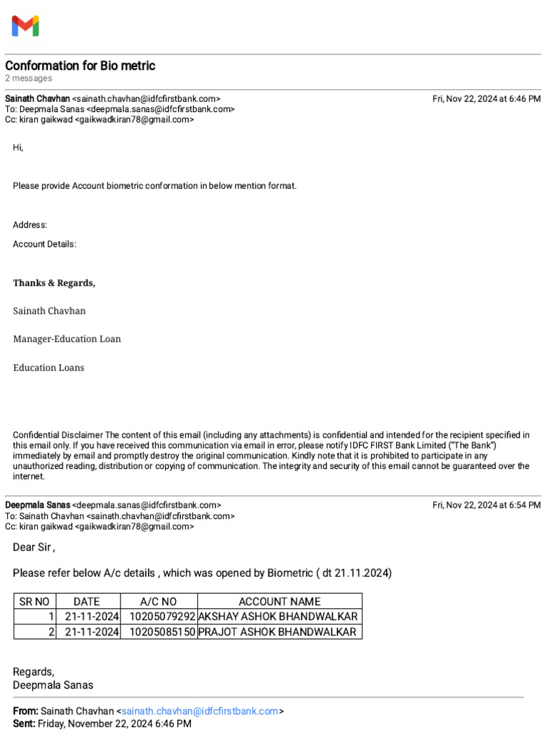 Biometric Account Confirmation Details | PDF